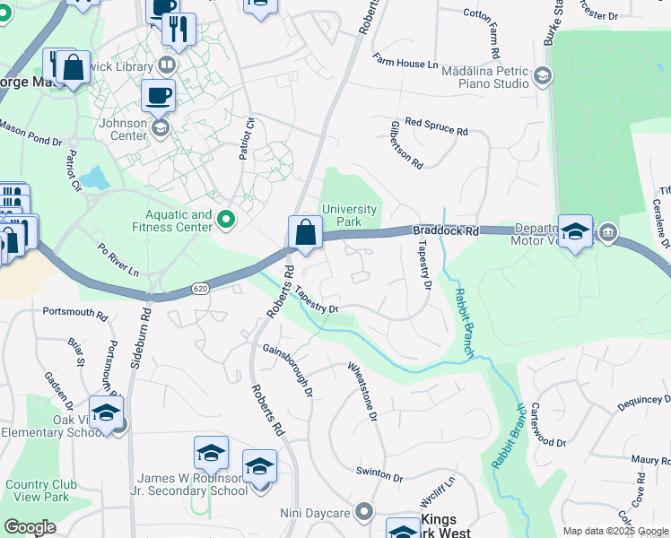 map of restaurants, bars, coffee shops, grocery stores, and more near 4679 Forestdale Drive in Fairfax