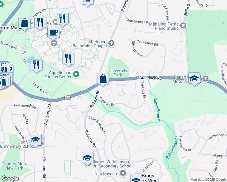 map of restaurants, bars, coffee shops, grocery stores, and more near 4679 Forestdale Drive in Fairfax