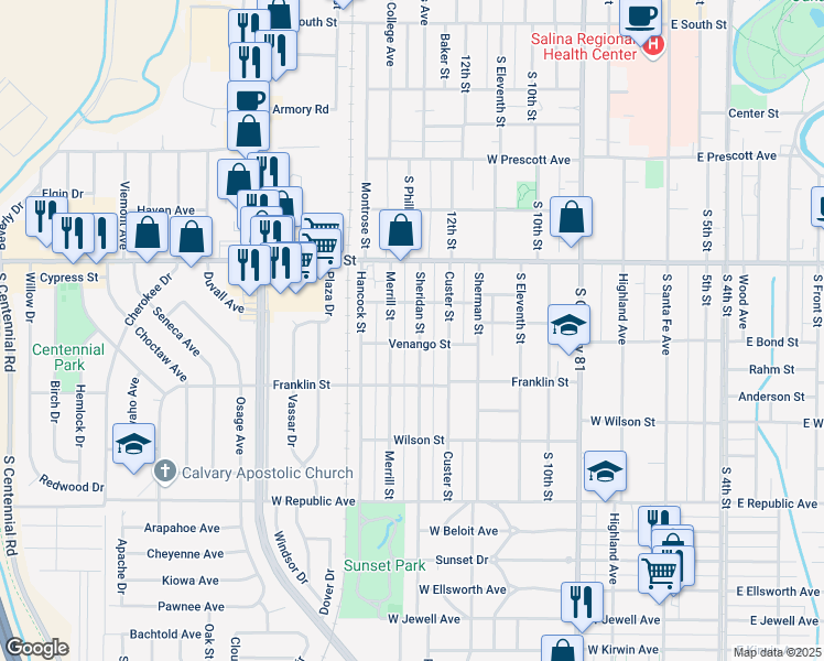 map of restaurants, bars, coffee shops, grocery stores, and more near 801 Sheridan Street in Salina