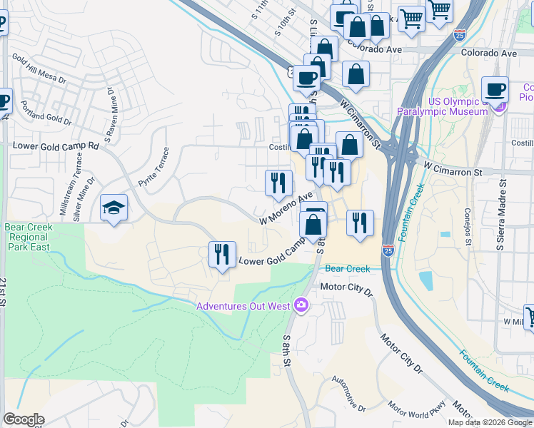 map of restaurants, bars, coffee shops, grocery stores, and more near in Colorado Springs