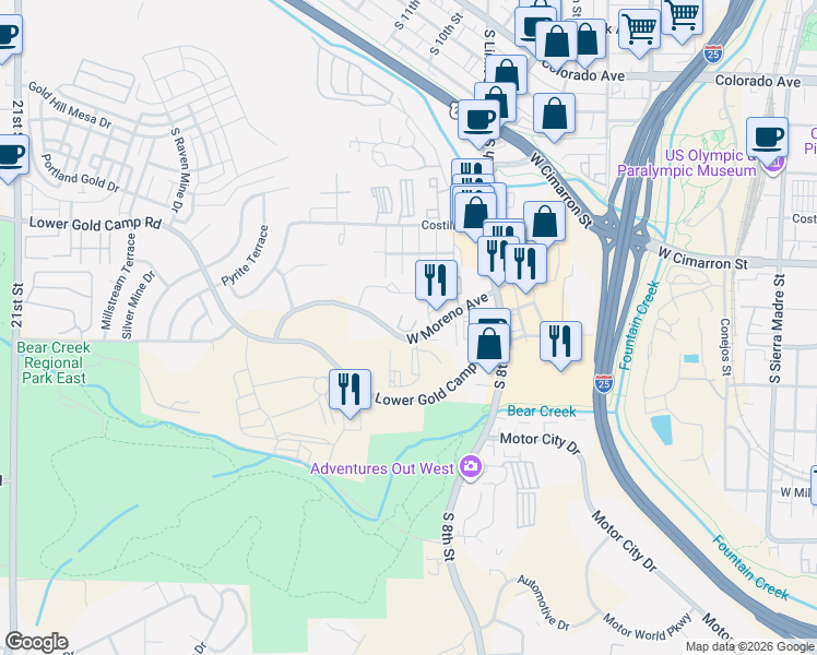 map of restaurants, bars, coffee shops, grocery stores, and more near 930 West Moreno Avenue in Colorado Springs