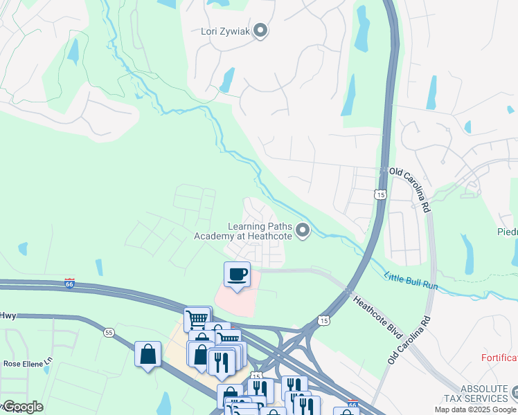 map of restaurants, bars, coffee shops, grocery stores, and more near 6113 Aster Haven Circle in Haymarket
