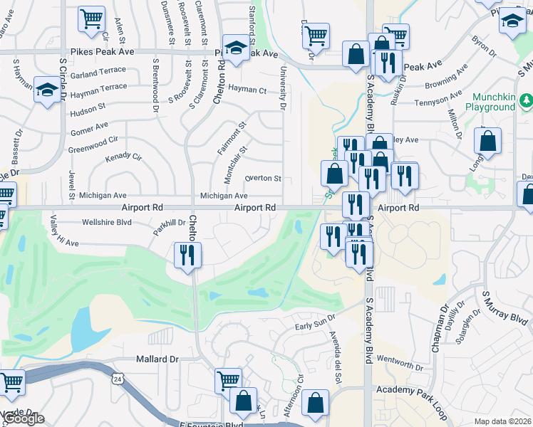 map of restaurants, bars, coffee shops, grocery stores, and more near 3551 Indigo Ridge Point in Colorado Springs