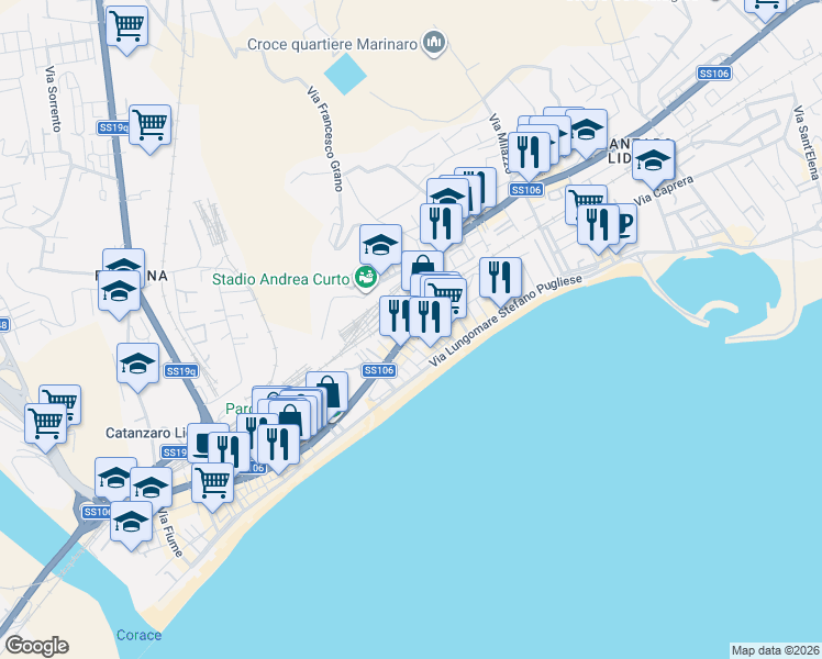 map of restaurants, bars, coffee shops, grocery stores, and more near 7 Via dei Crociati in Catanzaro