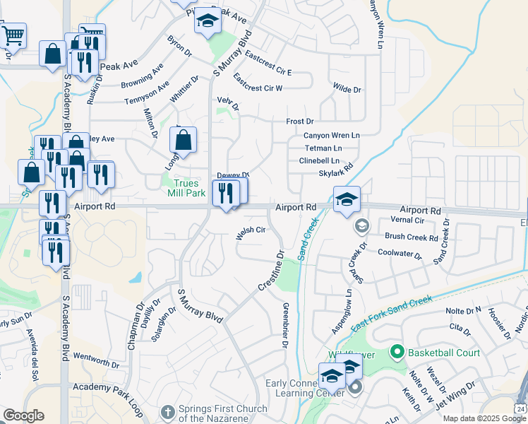 map of restaurants, bars, coffee shops, grocery stores, and more near 504 Shady Crest Circle in Colorado Springs