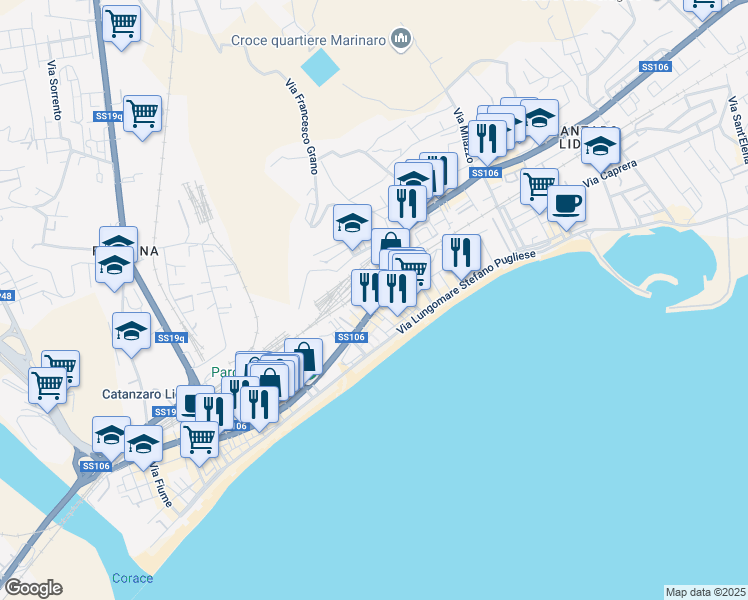 map of restaurants, bars, coffee shops, grocery stores, and more near 7 Via dei Crociati in Catanzaro