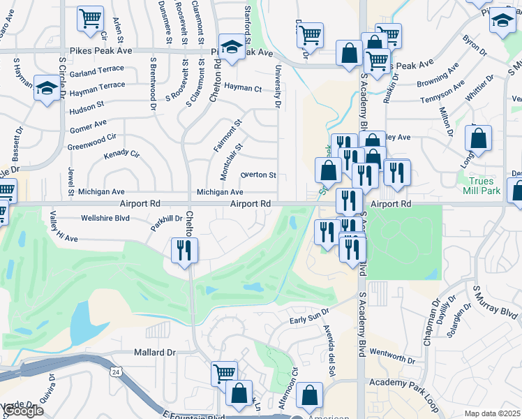 map of restaurants, bars, coffee shops, grocery stores, and more near 3551 Indigo Ridge Point in Colorado Springs