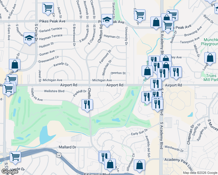 map of restaurants, bars, coffee shops, grocery stores, and more near 434 Valley Hi Circle in Colorado Springs