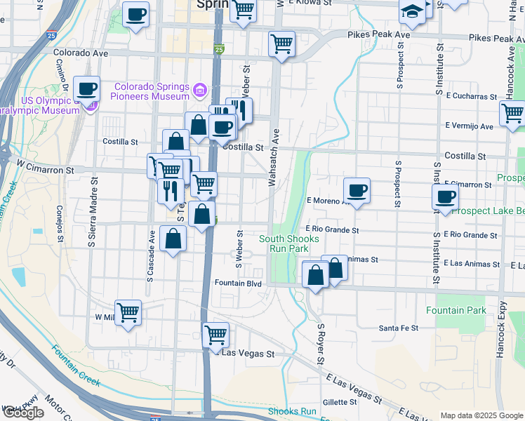 map of restaurants, bars, coffee shops, grocery stores, and more near in Colorado Springs