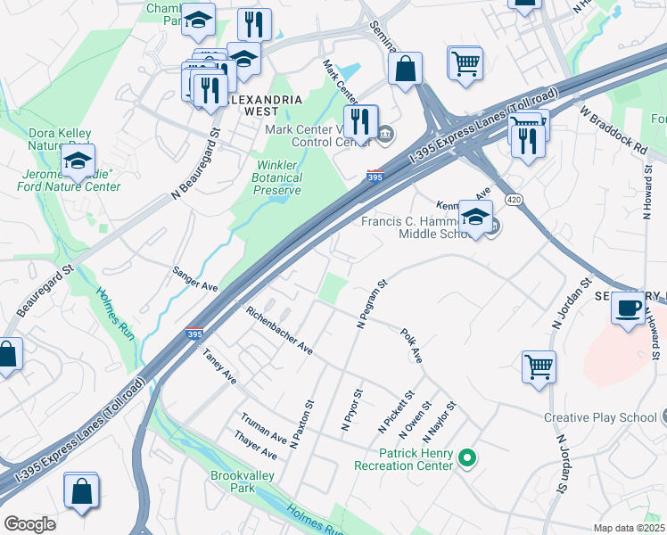 map of restaurants, bars, coffee shops, grocery stores, and more near 5268 Maris Avenue in Alexandria