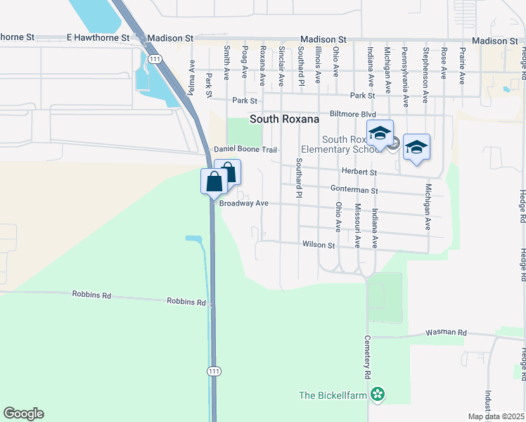 map of restaurants, bars, coffee shops, grocery stores, and more near 718b Connor Street in South Roxana