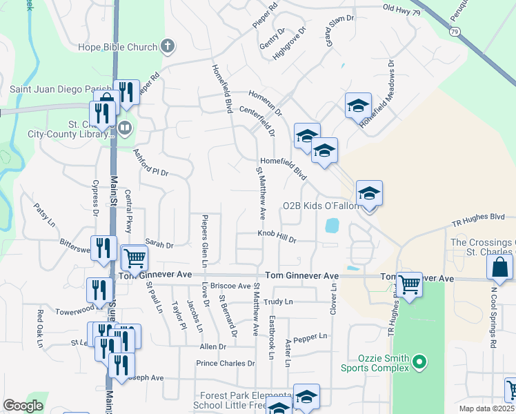 map of restaurants, bars, coffee shops, grocery stores, and more near 1122 Saint Matthew Avenue in O'Fallon