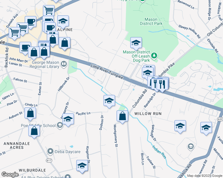 map of restaurants, bars, coffee shops, grocery stores, and more near 6822 Perry Penney Drive in Annandale