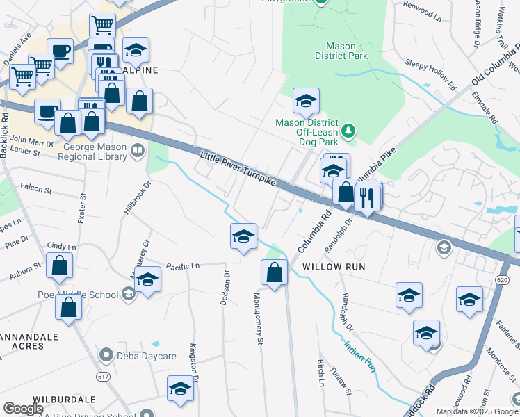 map of restaurants, bars, coffee shops, grocery stores, and more near 4664 Conwell Drive in Annandale