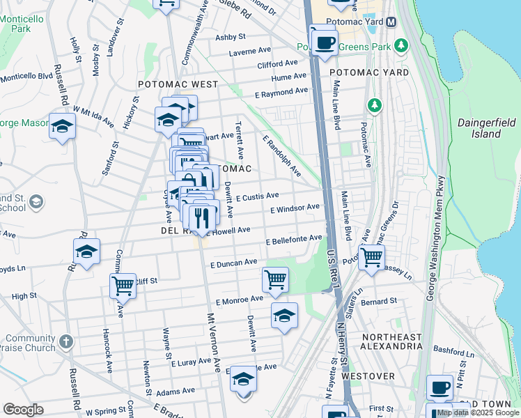 map of restaurants, bars, coffee shops, grocery stores, and more near 2100 Leslie Avenue in Alexandria