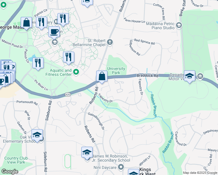 map of restaurants, bars, coffee shops, grocery stores, and more near 10251 Friendship Court in Fairfax