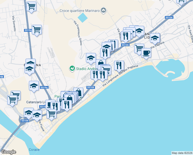 map of restaurants, bars, coffee shops, grocery stores, and more near 7 Via dei Crociati in Catanzaro