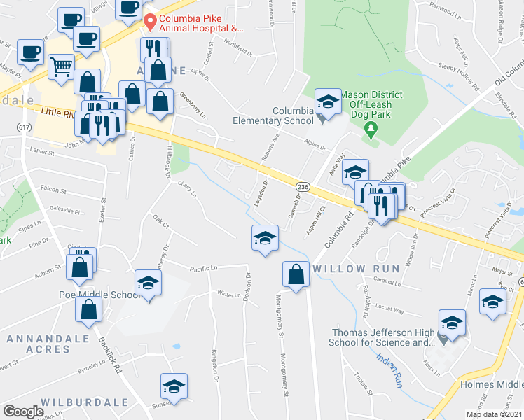 map of restaurants, bars, coffee shops, grocery stores, and more near 6844 Perry Penney Drive in Annandale
