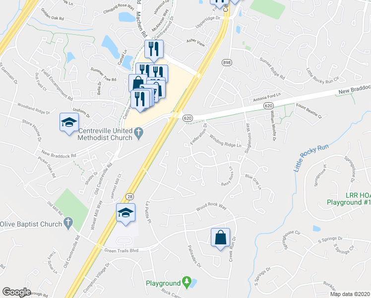 map of restaurants, bars, coffee shops, grocery stores, and more near 14103 Starbird Court in Centreville