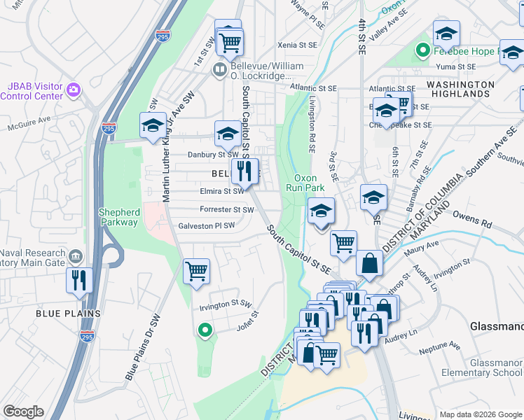 map of restaurants, bars, coffee shops, grocery stores, and more near 6 Forrester Street Southeast in Washington