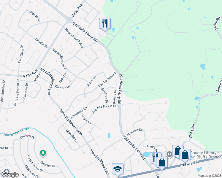 map of restaurants, bars, coffee shops, grocery stores, and more near 14652 Rouvre Drive in Florissant