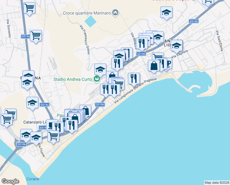 map of restaurants, bars, coffee shops, grocery stores, and more near 20 Via Vibo Valentia in Catanzaro