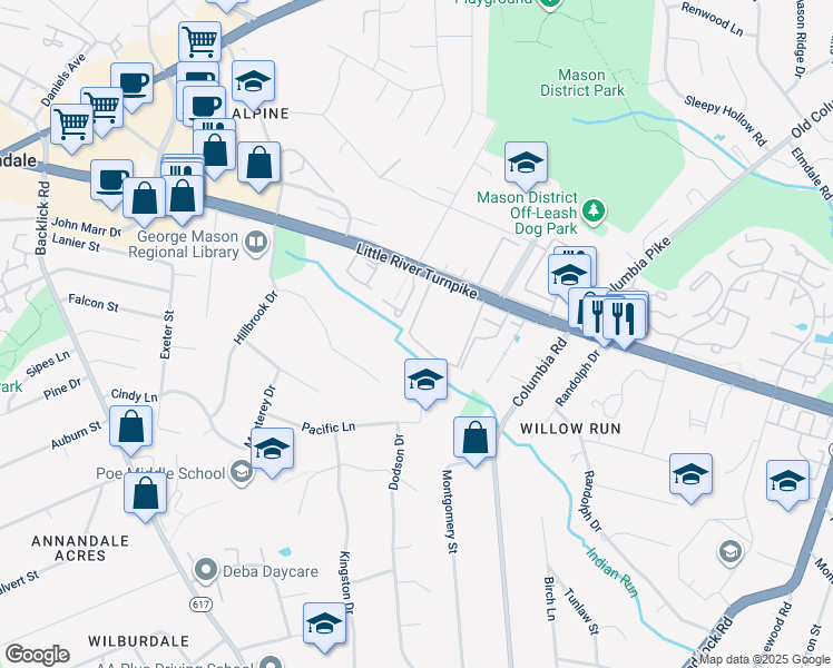 map of restaurants, bars, coffee shops, grocery stores, and more near 6844 Perry Penney Drive in Annandale