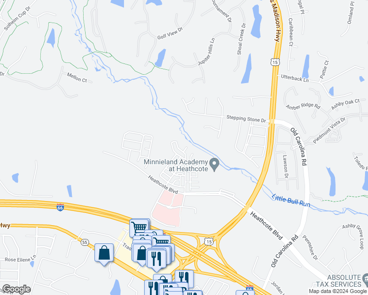map of restaurants, bars, coffee shops, grocery stores, and more near 6103 Aster Haven Circle in Haymarket
