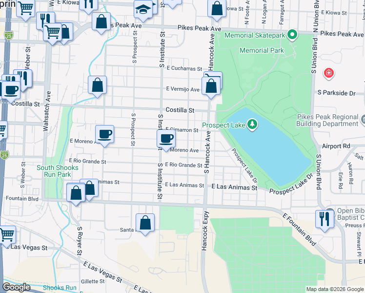 map of restaurants, bars, coffee shops, grocery stores, and more near 937 East Moreno Avenue in Colorado Springs