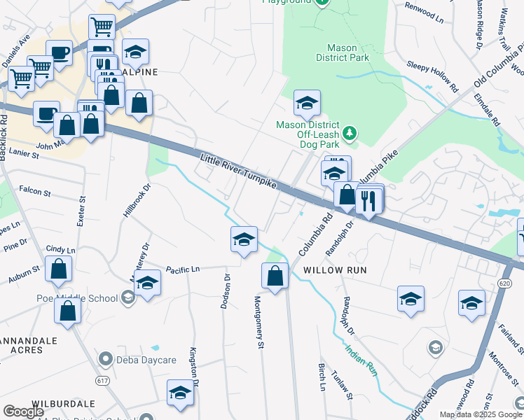 map of restaurants, bars, coffee shops, grocery stores, and more near 4664 Conwell Drive in Annandale