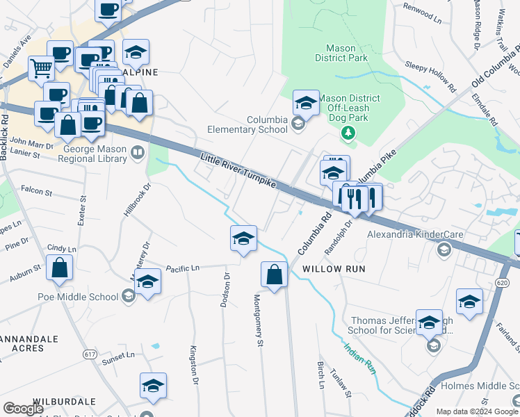 map of restaurants, bars, coffee shops, grocery stores, and more near 4664 Conwell Drive in Annandale