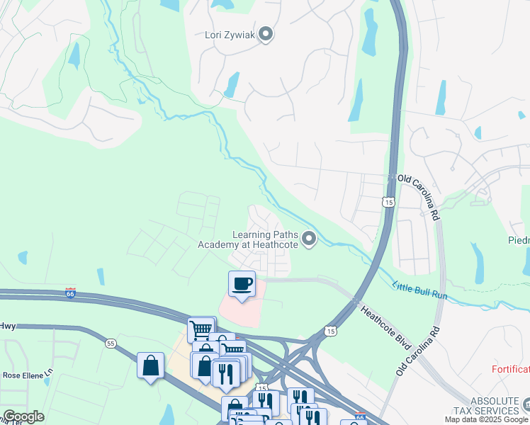 map of restaurants, bars, coffee shops, grocery stores, and more near 6103 Aster Haven Circle in Haymarket