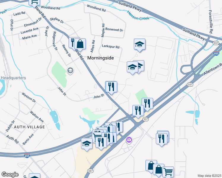 map of restaurants, bars, coffee shops, grocery stores, and more near 6806 Pickett Drive in Morningside