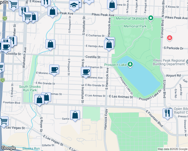 map of restaurants, bars, coffee shops, grocery stores, and more near 937 East Moreno Avenue in Colorado Springs
