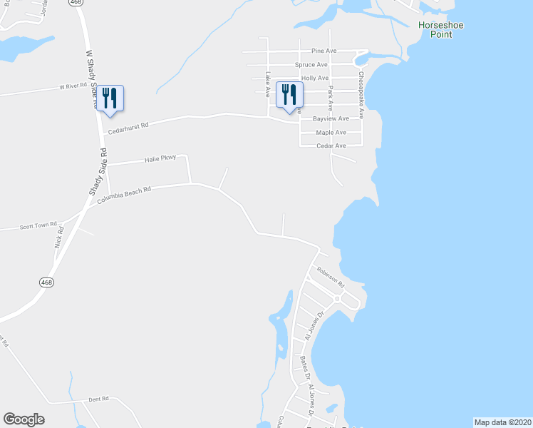 map of restaurants, bars, coffee shops, grocery stores, and more near 1522 Columbia Beach Road in Shady Side