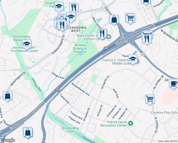 map of restaurants, bars, coffee shops, grocery stores, and more near 1339 North Van Dorn Street in Alexandria