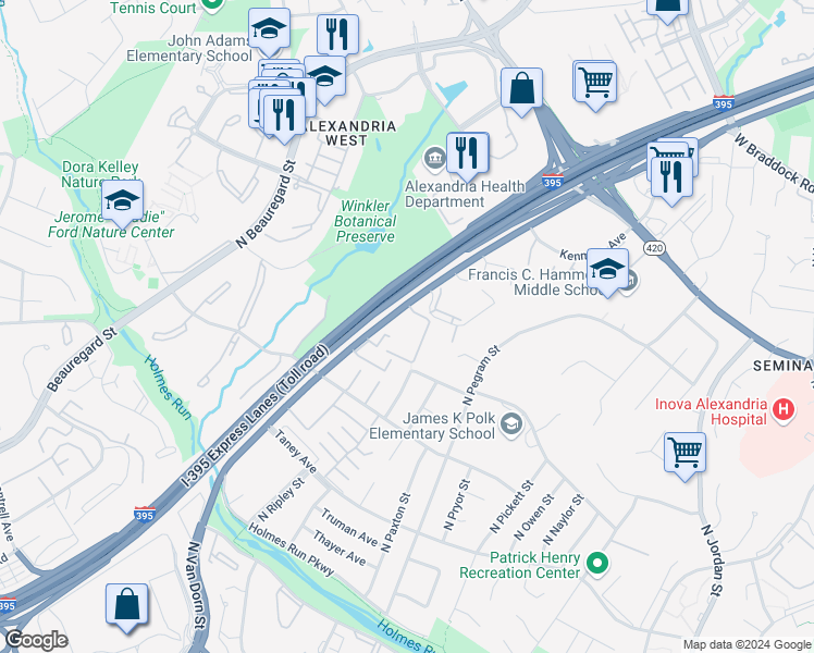 map of restaurants, bars, coffee shops, grocery stores, and more near 1339 North Van Dorn Street in Alexandria