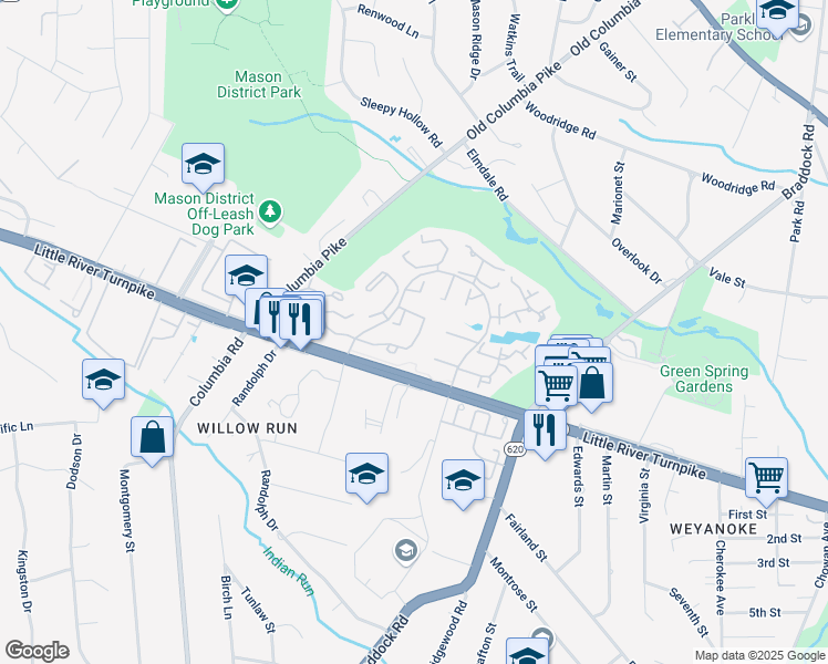 map of restaurants, bars, coffee shops, grocery stores, and more near 6566 Medinah Lane in Alexandria