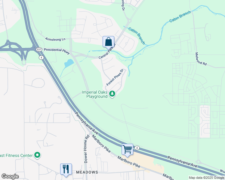 map of restaurants, bars, coffee shops, grocery stores, and more near 4820 Six Forks Drive in Upper Marlboro