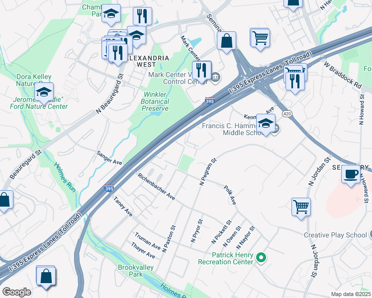 map of restaurants, bars, coffee shops, grocery stores, and more near 5282 Maris Avenue in Alexandria