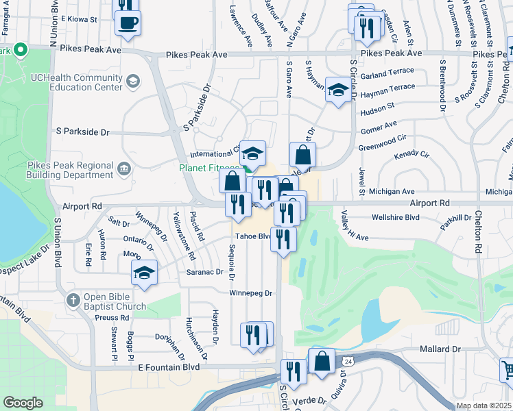 map of restaurants, bars, coffee shops, grocery stores, and more near 2557 Airport Road in Colorado Springs