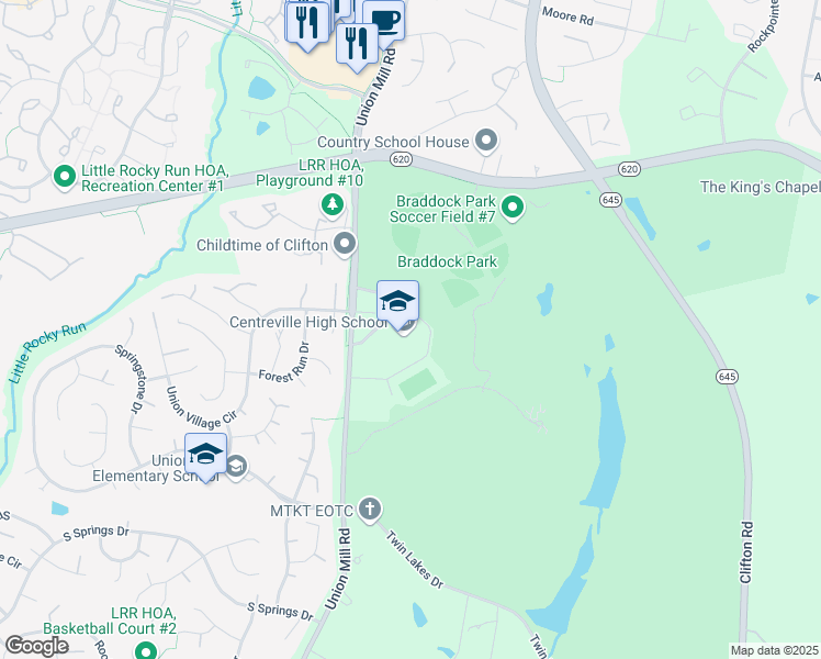 map of restaurants, bars, coffee shops, grocery stores, and more near 6001 Union Mill Road in Clifton