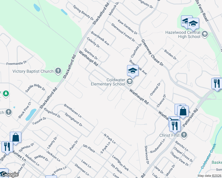 map of restaurants, bars, coffee shops, grocery stores, and more near 1213 Garden Village Drive in Florissant