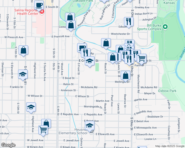 map of restaurants, bars, coffee shops, grocery stores, and more near 650 East Crawford Street in Salina