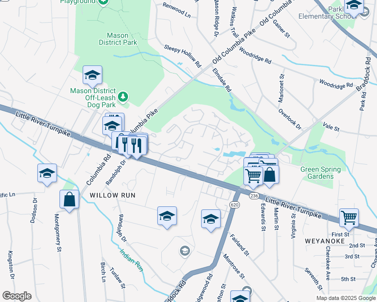 map of restaurants, bars, coffee shops, grocery stores, and more near 6566 Medinah Lane in Alexandria