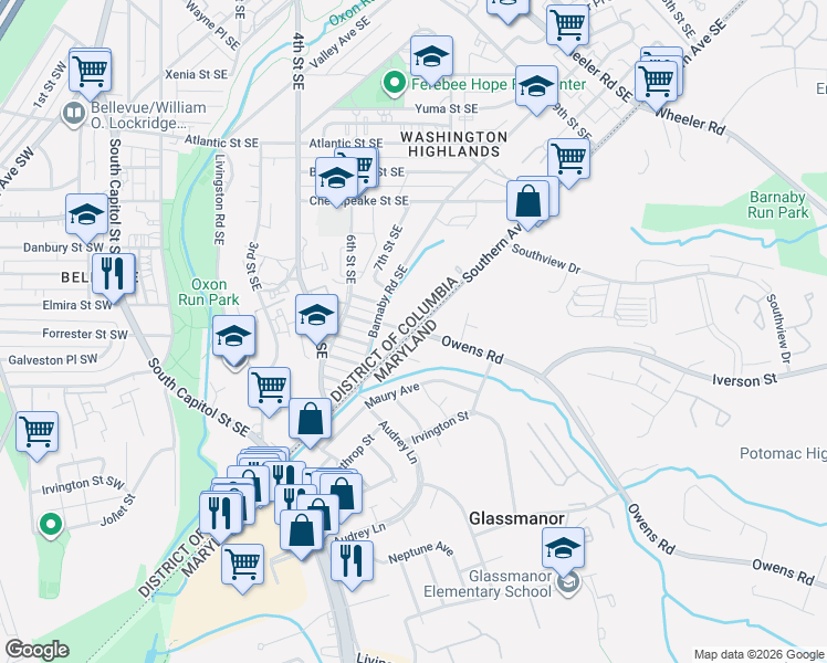 map of restaurants, bars, coffee shops, grocery stores, and more near Southern Ave SE & Bonini Rd SE in Washington