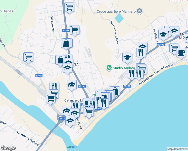 map of restaurants, bars, coffee shops, grocery stores, and more near 18 Traversa Via Trapani in Catanzaro