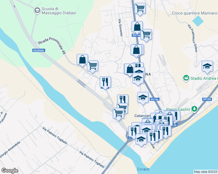 map of restaurants, bars, coffee shops, grocery stores, and more near 2 Via Michele Maria Manfredi in Provincia di Catanzaro