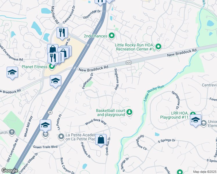 map of restaurants, bars, coffee shops, grocery stores, and more near 14035 Winding Ridge Lane in Centreville