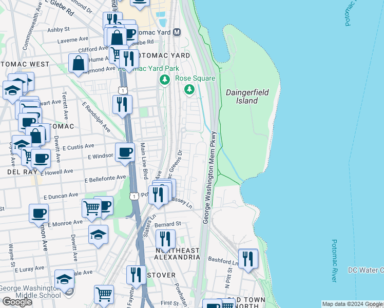 map of restaurants, bars, coffee shops, grocery stores, and more near 1679 Hunting Creek Drive in Alexandria